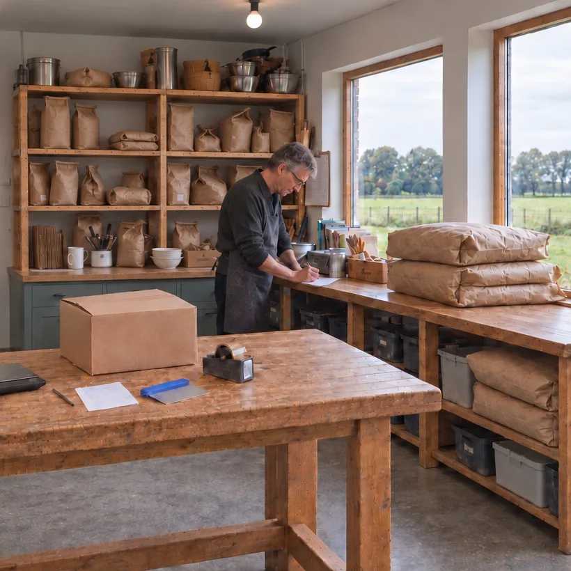 Jan schrijft aan de werkbank onder de ramen van zijn winkel